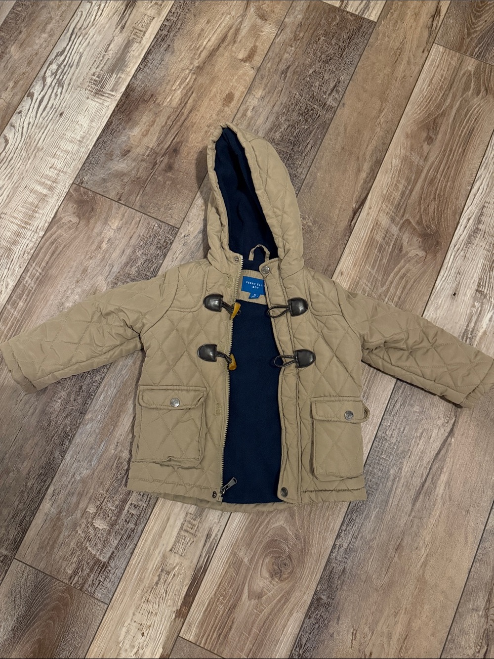 Perry Ellis Kids Quilted Pea Coat in Tan with Navy Lining